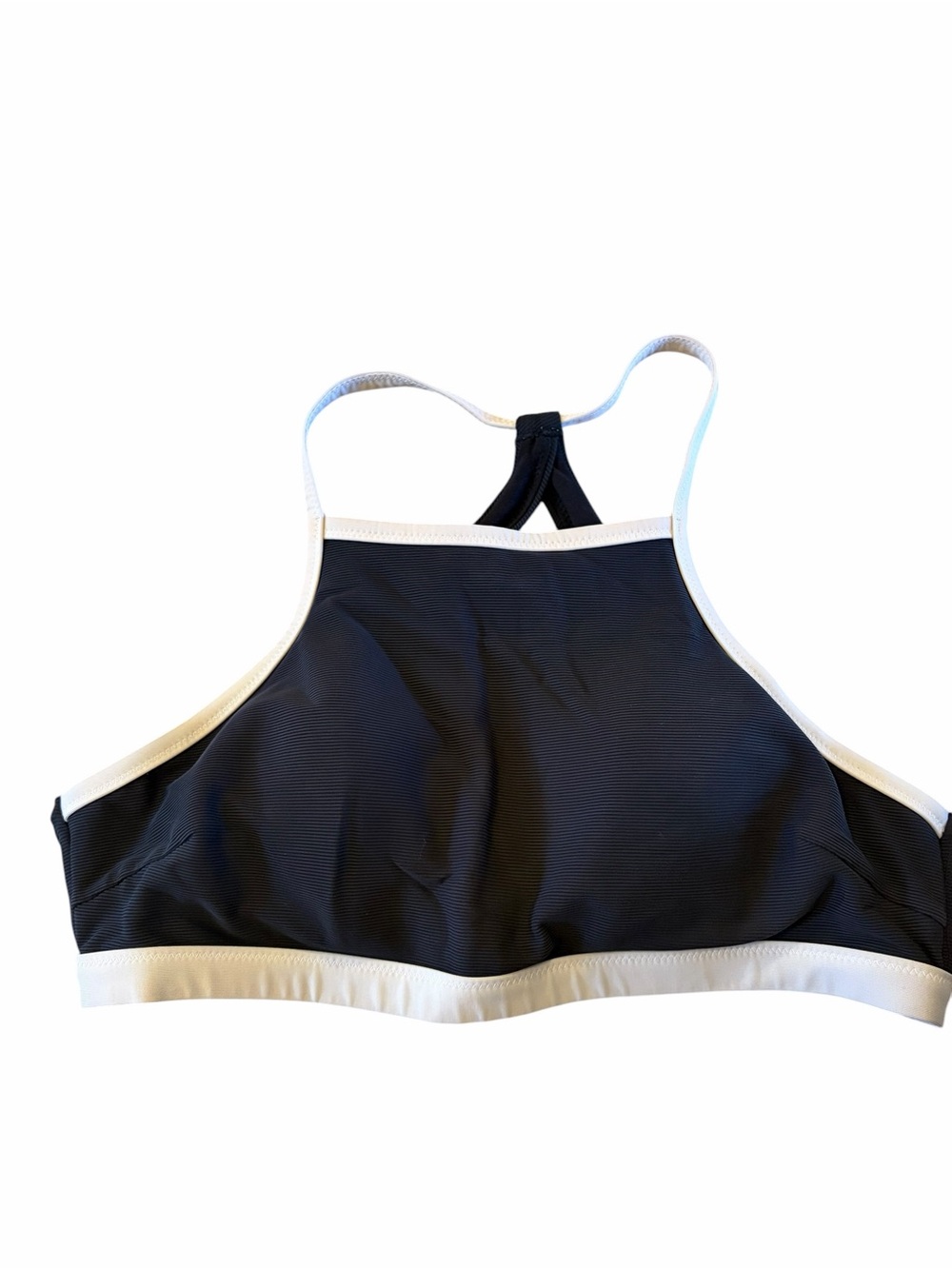 ATHLETA Cloudbreak Rib Strappy High Neck Bikini Top Black White Trim - Picture 2 of 6
